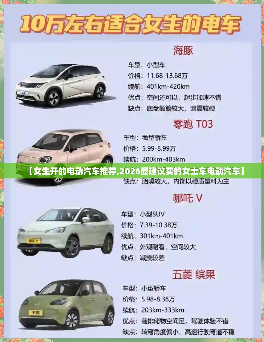 【女生开的电动汽车推荐,2026最建议买的女士车电动汽车】